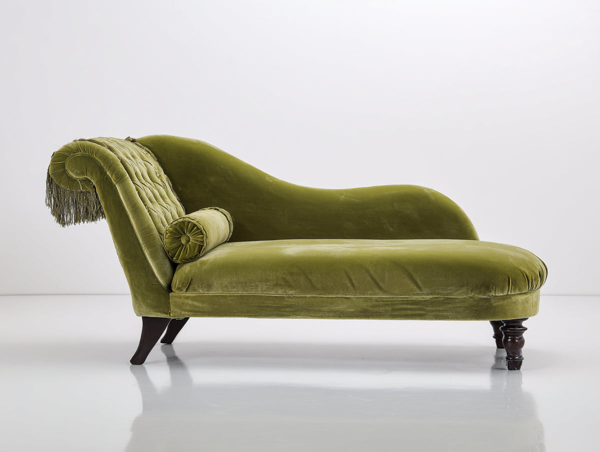 Chaise longue - Legno-Velluto - 182 x 81 x 93 cm - Verde oliva-Marrone scuro - Stile vintage
