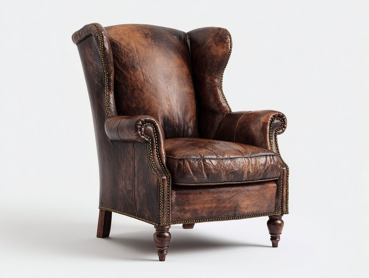 Poltrona a orecchioni - Pelle-Legno - 90 x 88 x 116 cm - Marrone anticato-Marrone scuro - Stile vintage