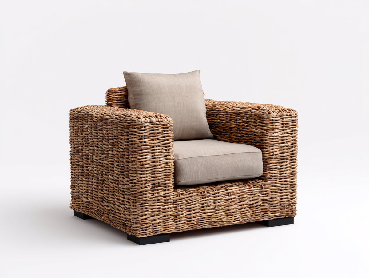 Poltrona da giardino - Rattan naturale-Tessuto - 90x84x80 cm - Marrone naturale-Greige - Stile mediterraneo