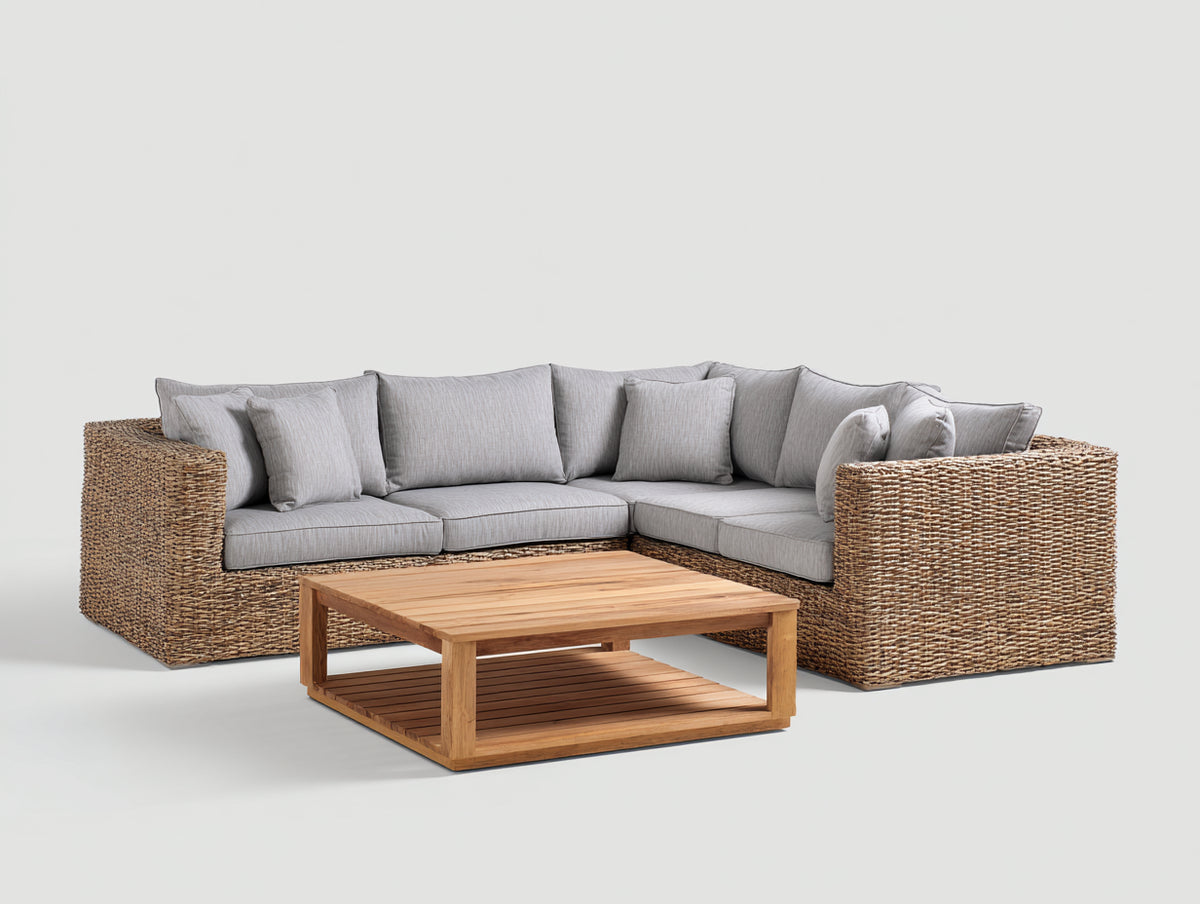 Divani da esterno - Rattan sintetico-Tessuto-Legno - 265 x 205 x 76 cm - Marrone-Grigio chiaro-Marrone naturale - Design angolare contemporaneo