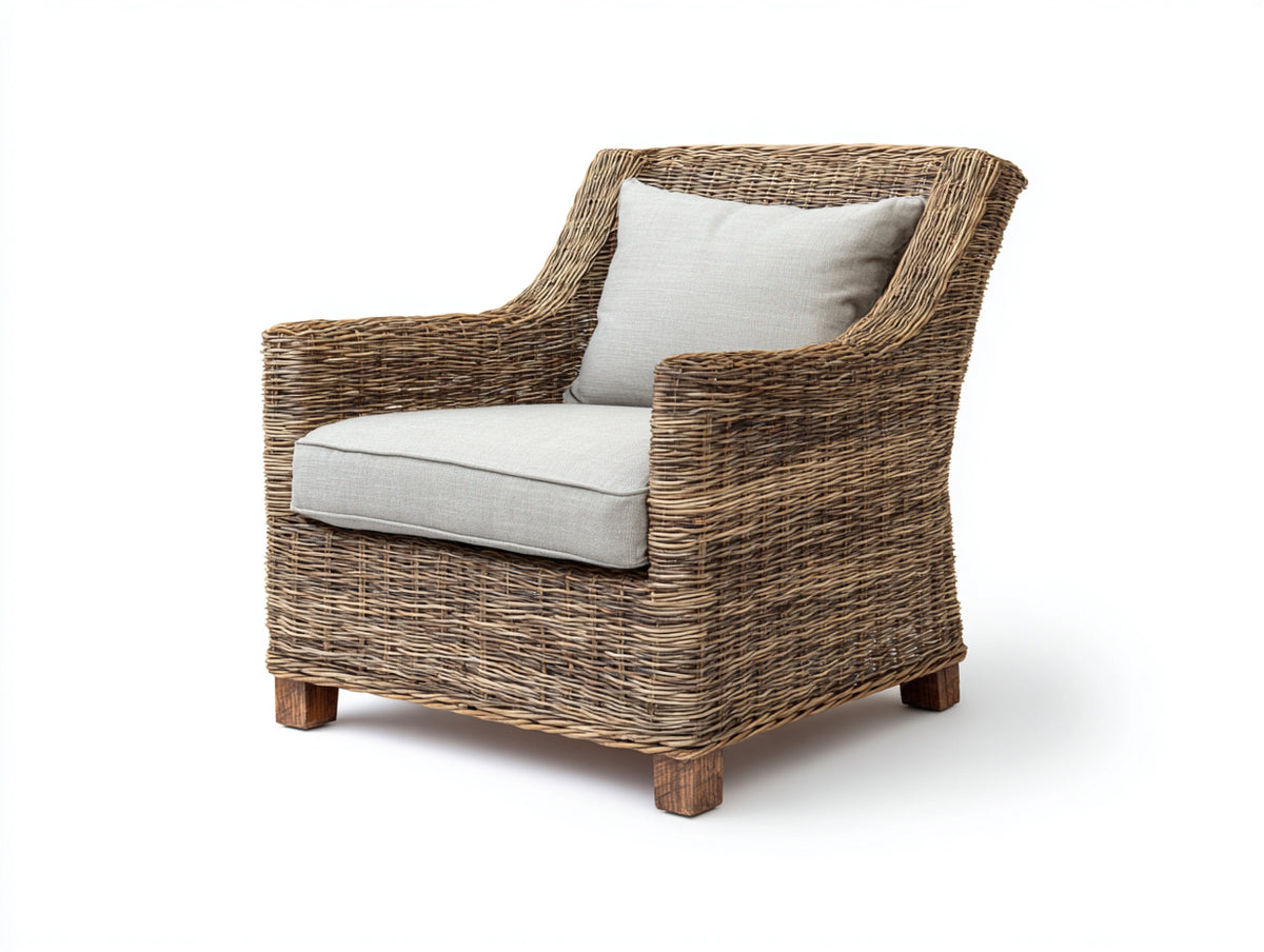 Poltrona da giardino - Rattan naturale-Tessuto - 89x82x94 cm - Marrone naturale-Beige chiaro - Stile elegante rustico