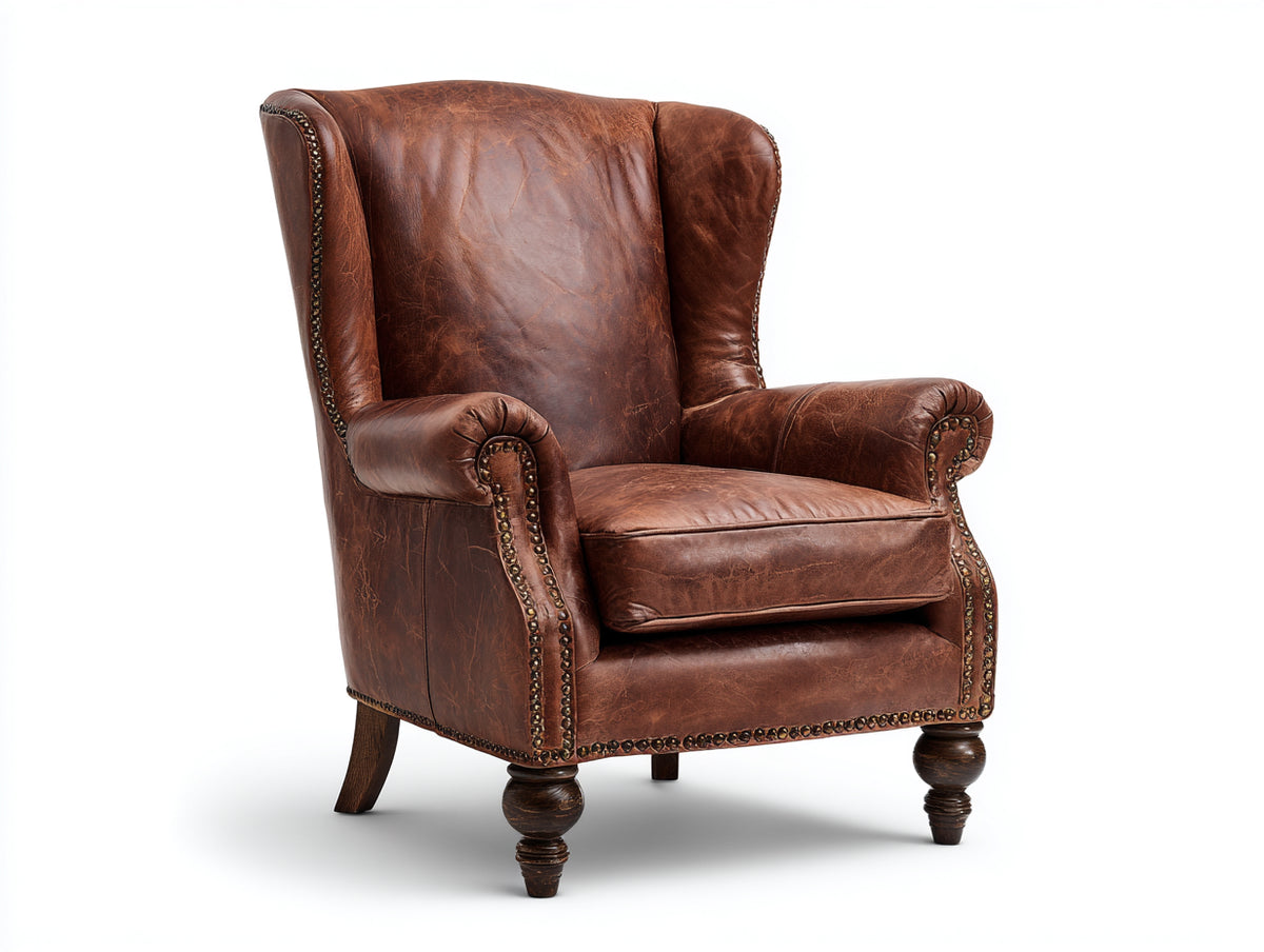 Poltrona a orecchioni - Pelle-Legno - 91 x 87 x 115 cm - Marrone cognac-Marrone scuro - Stile tradizionale