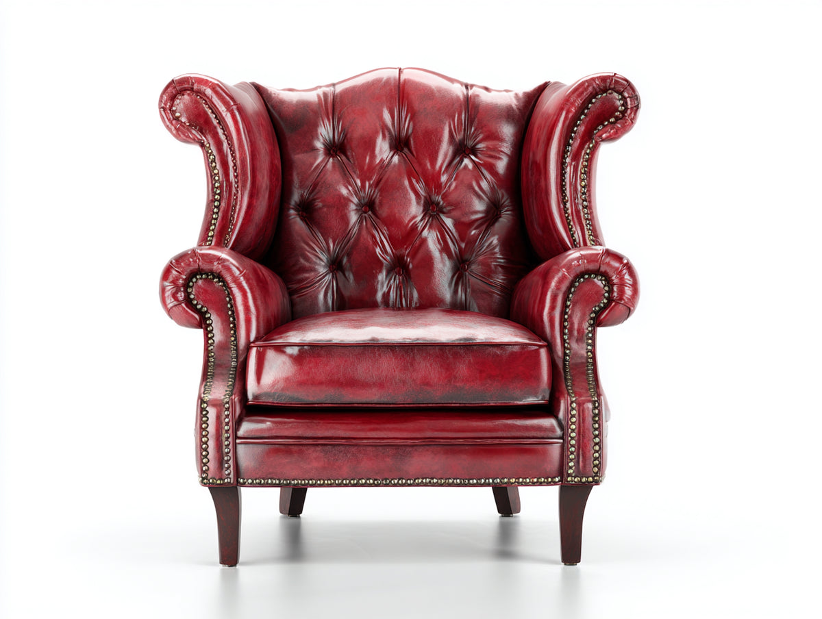 Poltrona a orecchioni - Pelle-Legno - 89 x 87 x 115 cm - Rosso granato-Marrone scuro - Stile vittoriano