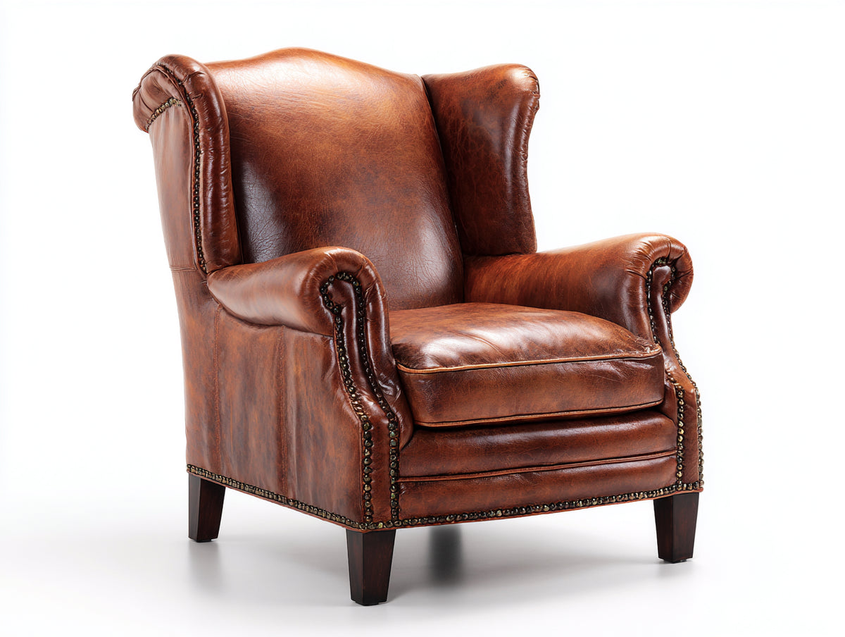 Poltrona a orecchioni - Pelle-Legno - 89 x 87 x 114 cm - Marrone cognac-Marrone scuro - Stile classico