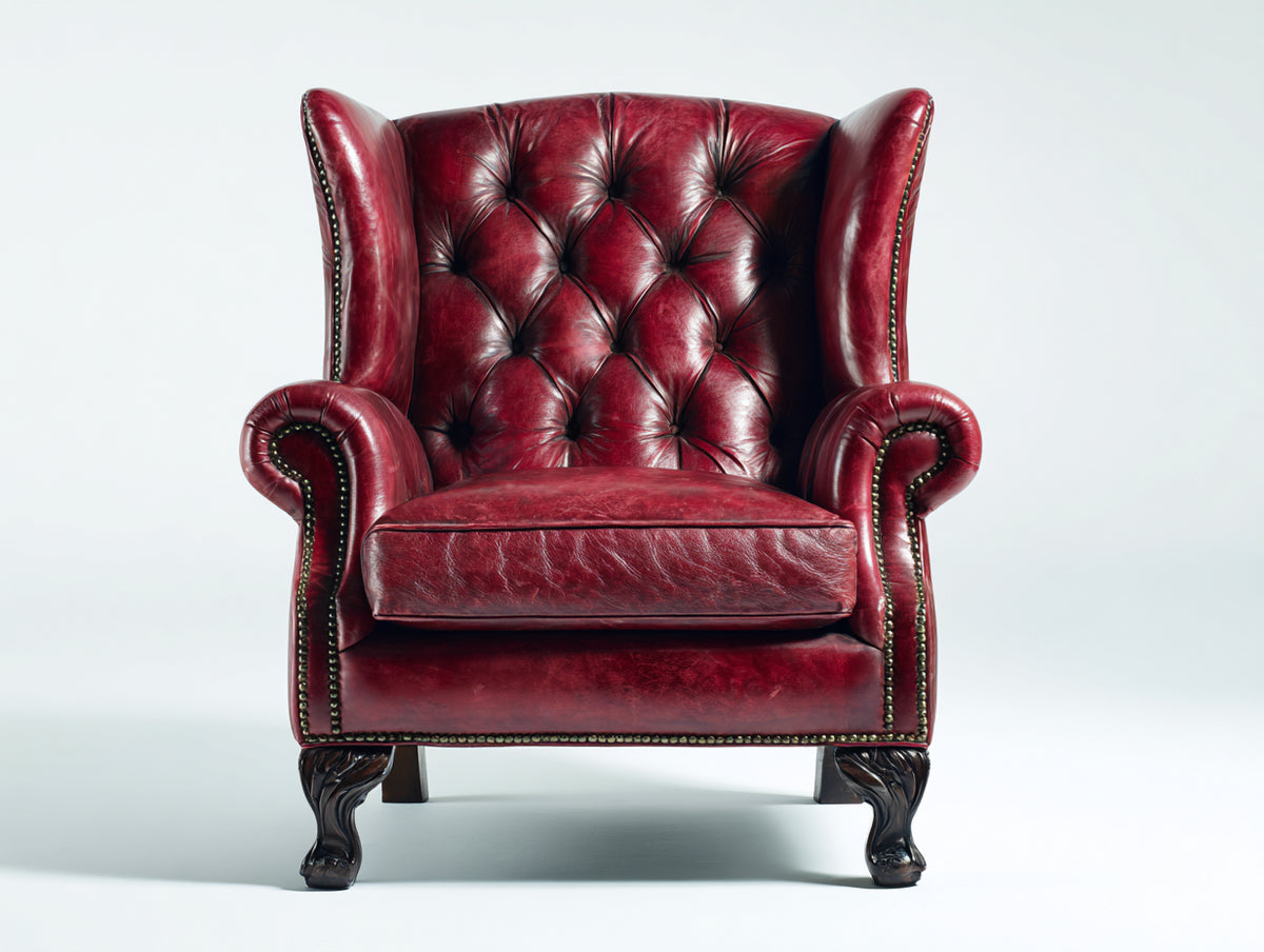 Poltrona a orecchioni - Pelle-Legno - 91 x 89 x 117 cm - Rosso bordeaux-Marrone scuro - Stile Chesterfield