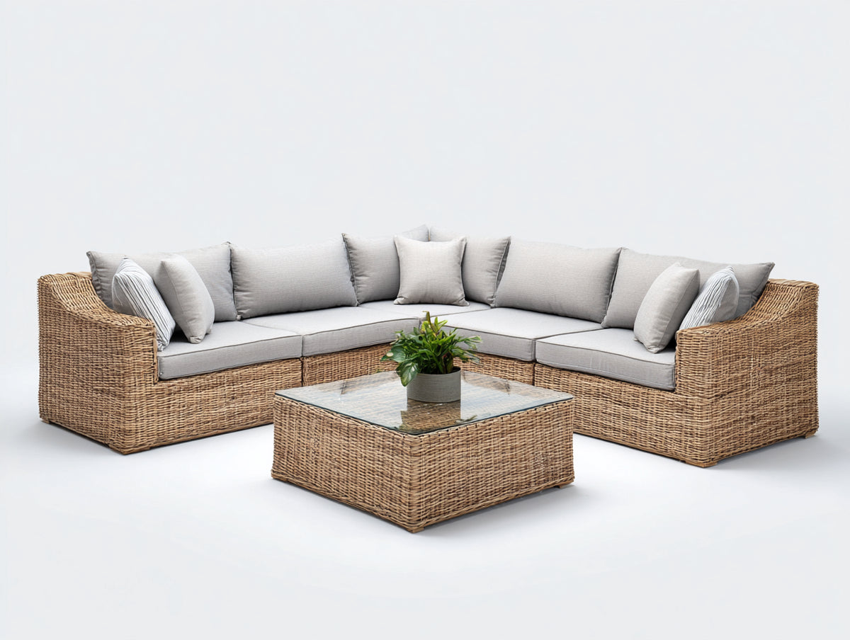 Divani da esterno - Rattan sintetico-Tessuto-Vetro - 270 x 270 x 76 cm - Marrone chiaro-Grigio perla-Trasparente - Design angolare contemporaneo