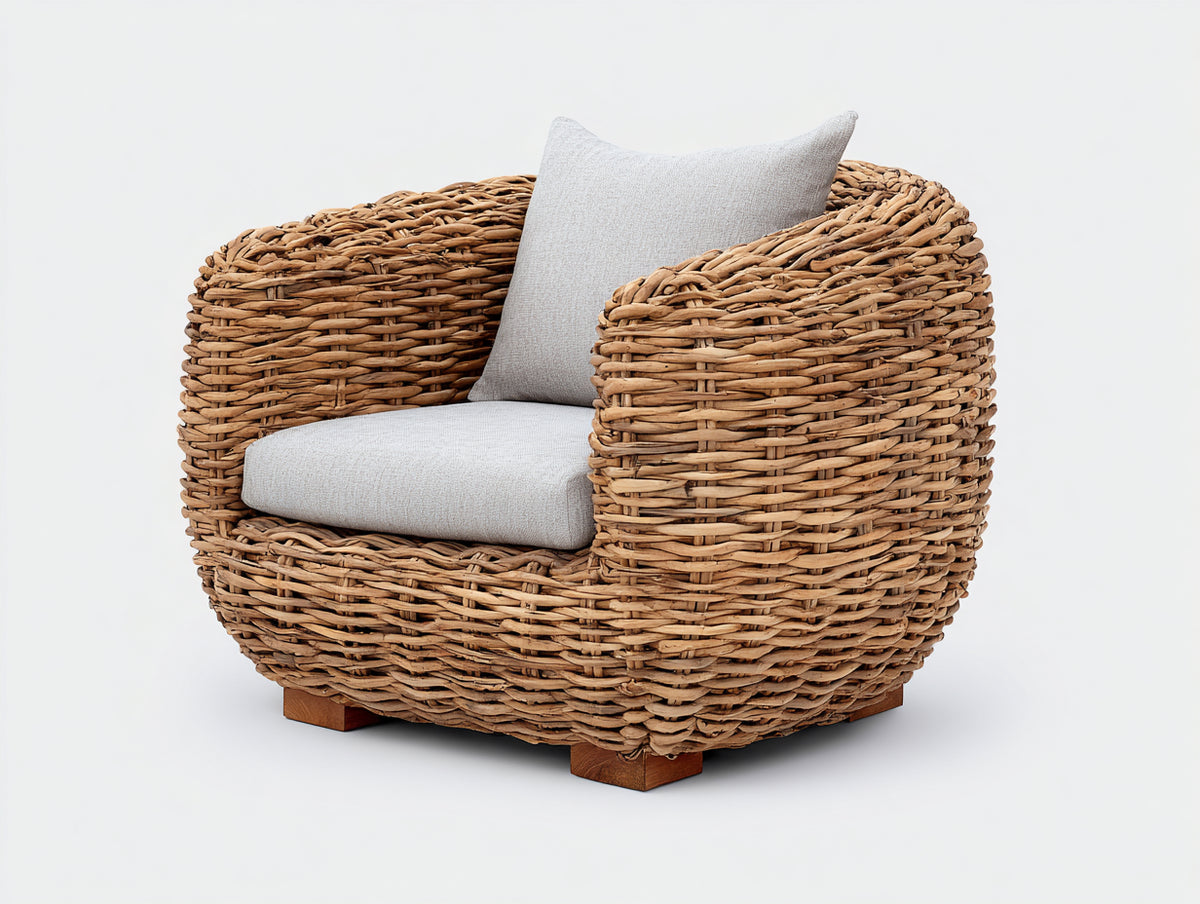 Poltrona da giardino - Rattan naturale-Tessuto - 92x85x80 cm - Marrone naturale-Grigio chiaro - Stile rustico