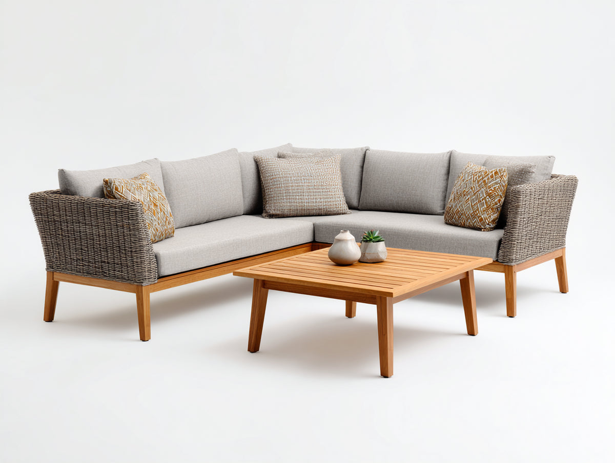 Divani da esterno - Rattan sintetico-Tessuto-Legno - 245 x 245 x 77 cm - Grigio tortora-Beige-Marrone naturale - Design angolare moderno