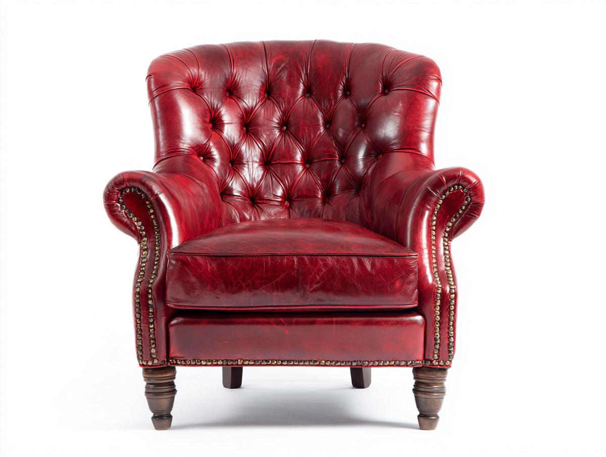 Poltrona a orecchioni - Pelle-Legno - 93 x 91 x 108 cm - Rosso rubino-Marrone scuro - Stile Chesterfield