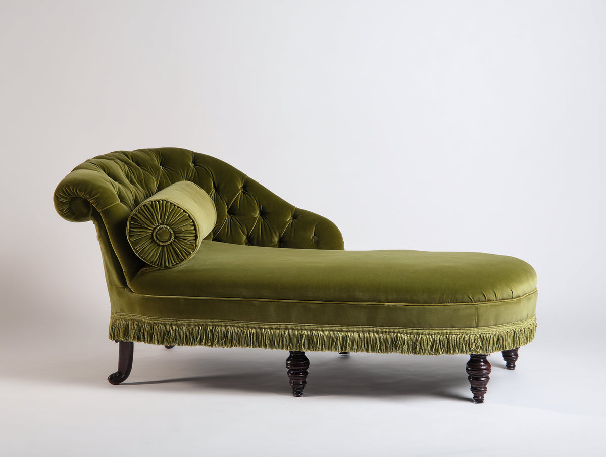 Chaise longue - Legno-Velluto - 185 x 78 x 88 cm - Verde oliva-Marrone scuro - Stile classico