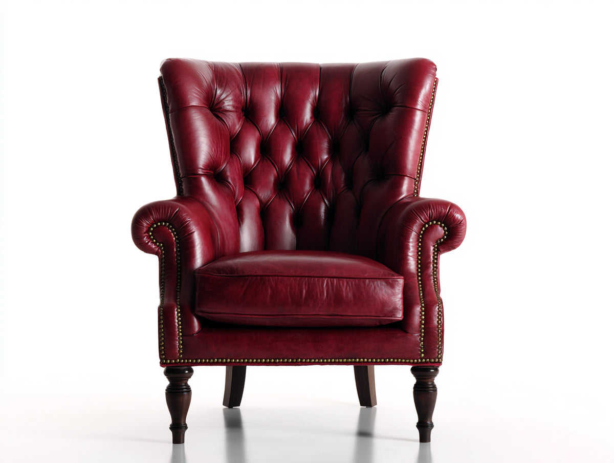 Poltrona a orecchioni - Pelle-Legno - 90 x 88 x 116 cm - Rosso bordeaux-Marrone scuro - Stile classico