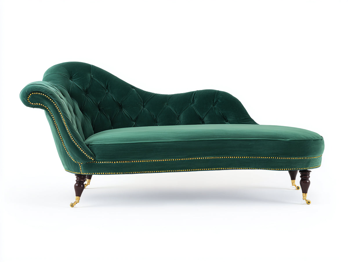 Chaise longue - Legno-Velluto - 201 x 84 x 96 cm - Verde smeraldo-Marrone scuro-Oro - Stile classico