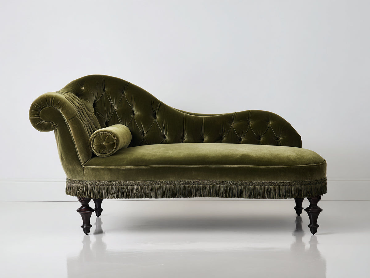 Chaise longue - Legno-Velluto - 194 x 82 x 93 cm - Verde oliva-Marrone scuro - Stile vittoriano
