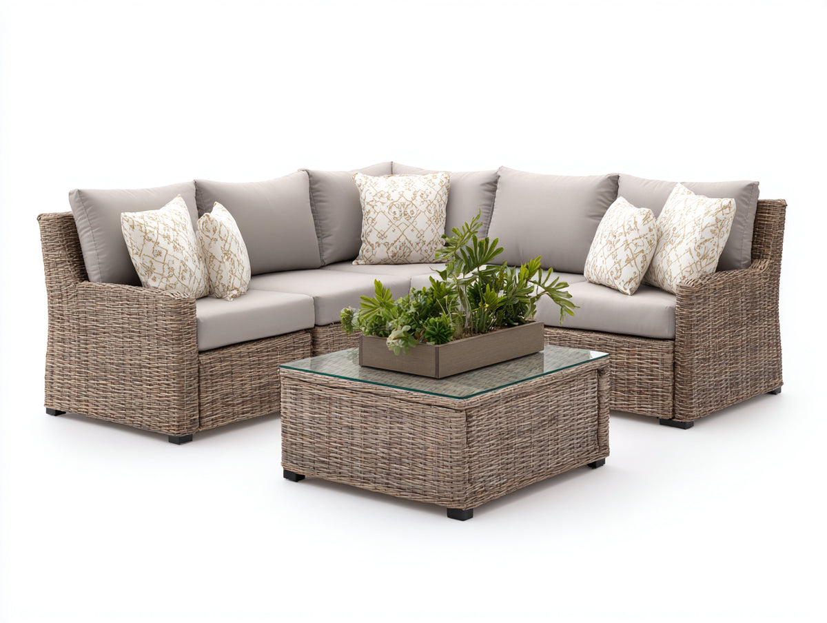 Divani da esterno - Rattan sintetico-Tessuto-Vetro - 250 x 250 x 76 cm - Marrone tortora-Grigio chiaro-Trasparente - Design angolare moderno