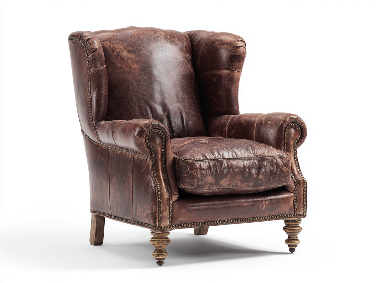Poltrona a orecchioni - Pelle-Legno - 91 x 89 x 117 cm - Marrone anticato-Marrone scuro - Stile vintage