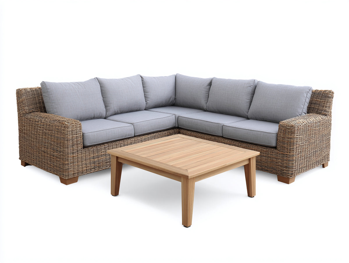 Divani da esterno - Rattan sintetico-Tessuto-Legno - 248 x 248 x 76 cm - Marrone chiaro-Grigio chiaro-Marrone naturale - Design angolare contemporaneo