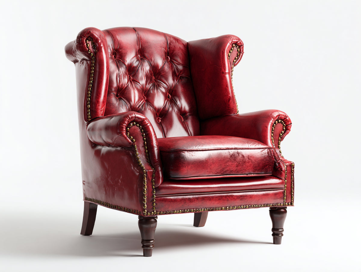 Poltrona a orecchioni - Pelle-Legno - 90 x 88 x 116 cm - Rosso rubino-Marrone scuro - Stile Chesterfield