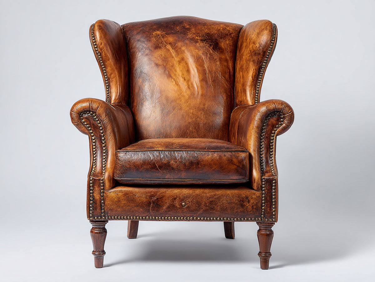 Poltrona a orecchioni - Pelle-Legno - 93 x 90 x 120 cm - Marrone cognac-Marrone scuro - Stile tradizionale