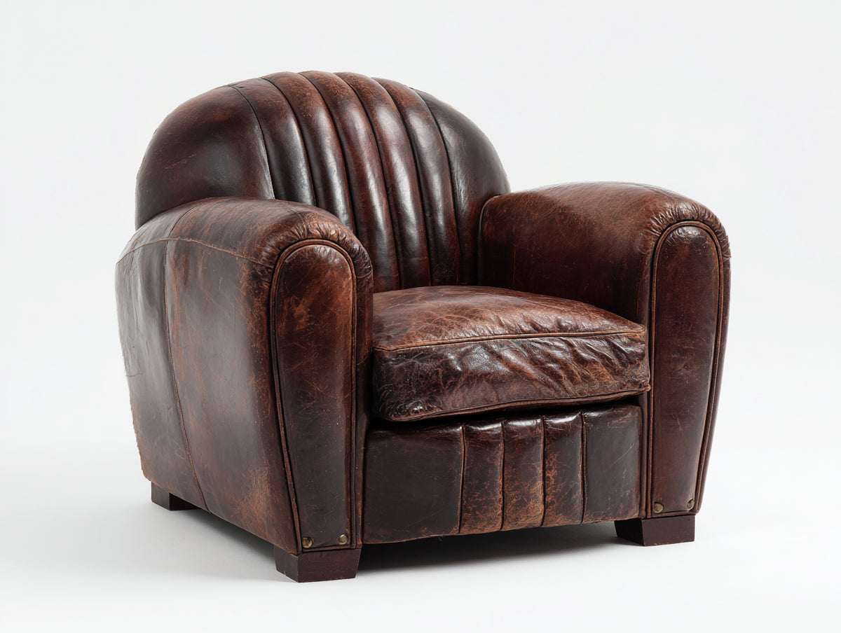 Poltrona a orecchioni - Pelle-Legno - 96 x 90 x 84 cm - Marrone bruciato-Marrone scuro - Stile rétro