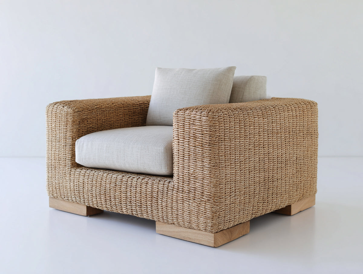 Poltrona da giardino - Fibra naturale intrecciata-Tessuto - 93x86x77 cm - Naturale-Avorio - Stile contemporaneo