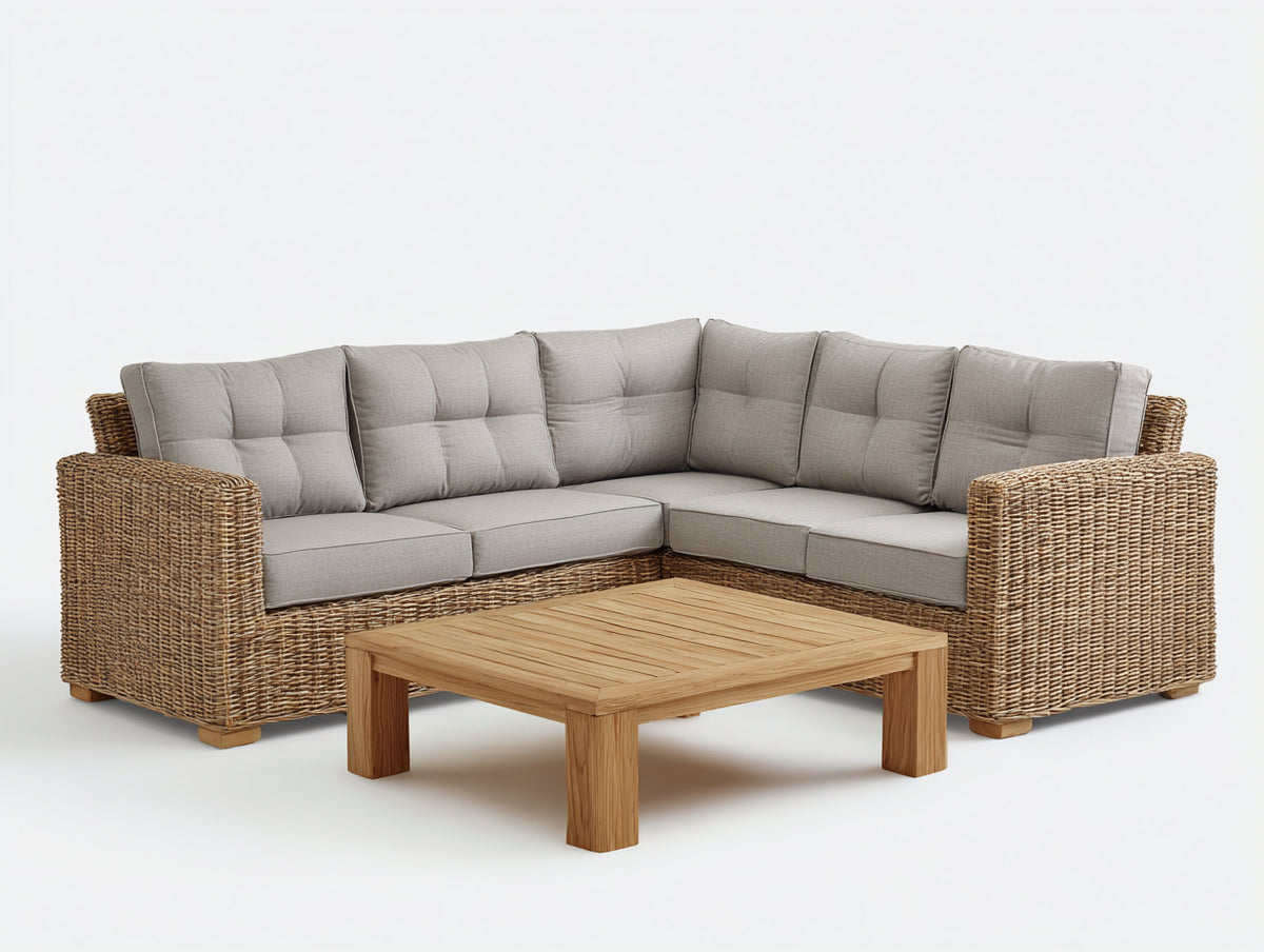 Divani da esterno - Rattan sintetico-Tessuto-Legno - 250 x 250 x 78 cm - Marrone chiaro-Beige-Marrone naturale - Design angolare contemporaneo