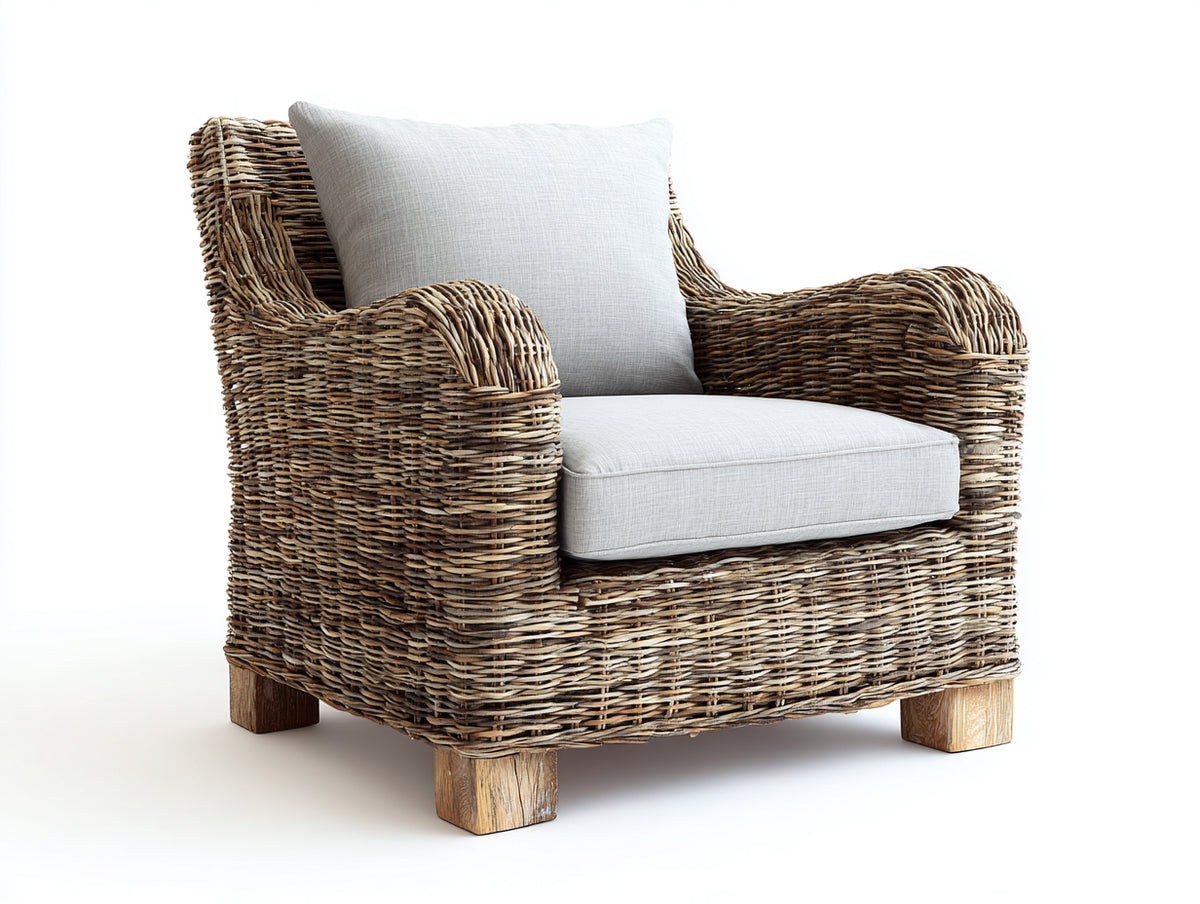 Poltrona da giardino - Rattan naturale-Tessuto - 91x84x86 cm - Marrone naturale-Grigio chiaro - Stile classico rustico