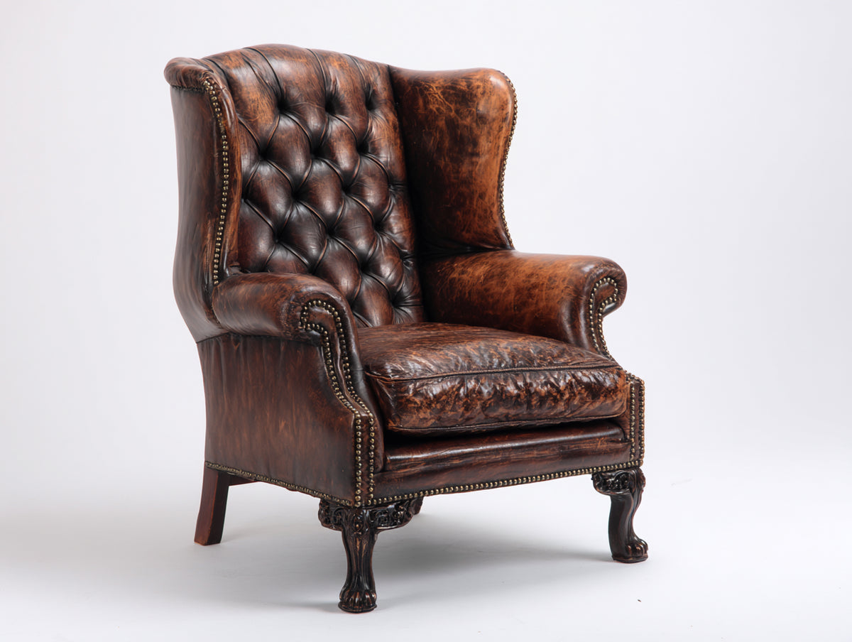 Poltrona a orecchioni - Pelle-Legno - 91 x 89 x 117 cm - Marrone cognac - Stile Chesterfield