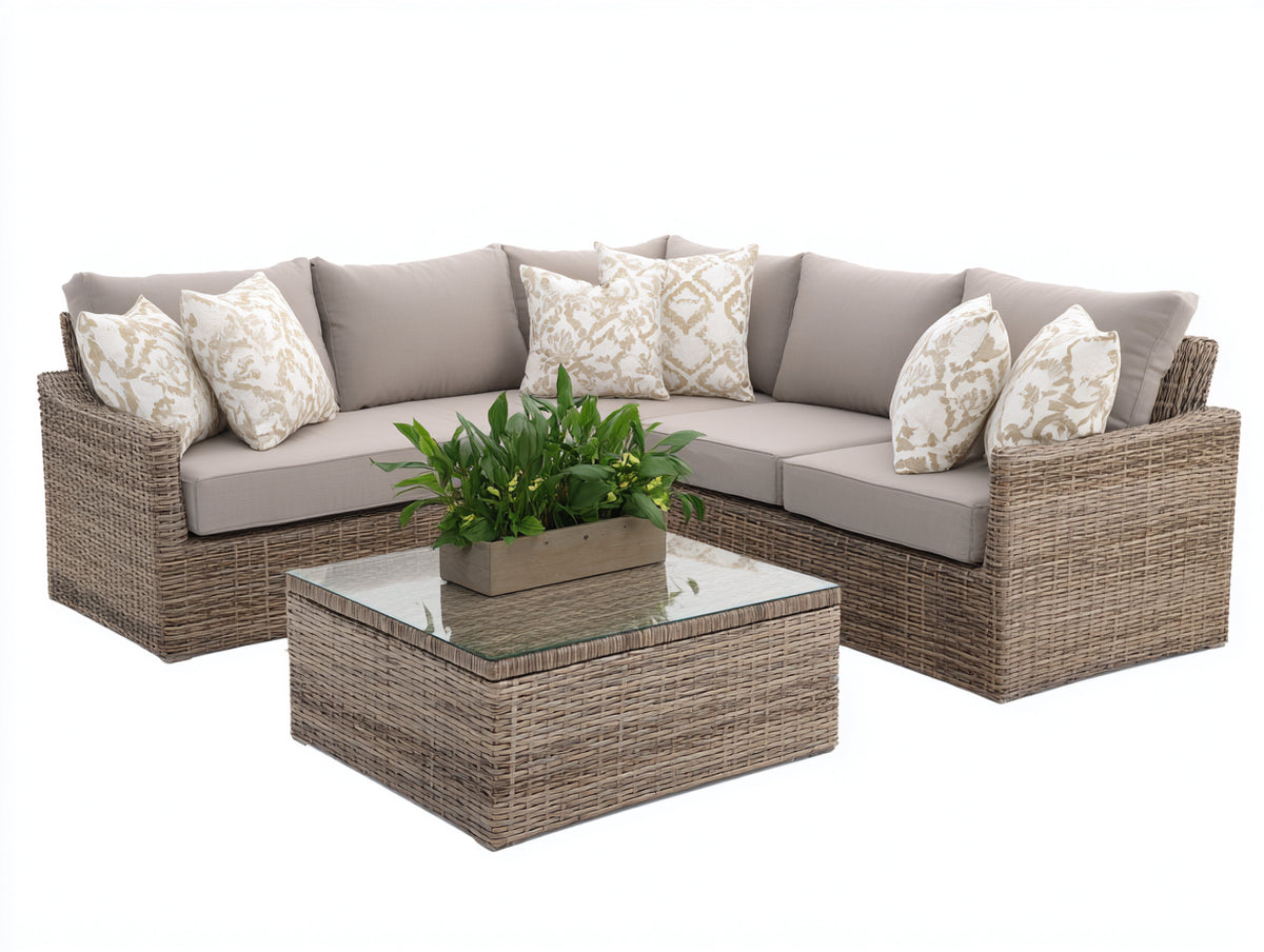 Divani da esterno - Rattan sintetico-Tessuto-Vetro - 255 x 255 x 76 cm - Marrone tortora-Beige chiaro-Trasparente - Design angolare contemporaneo