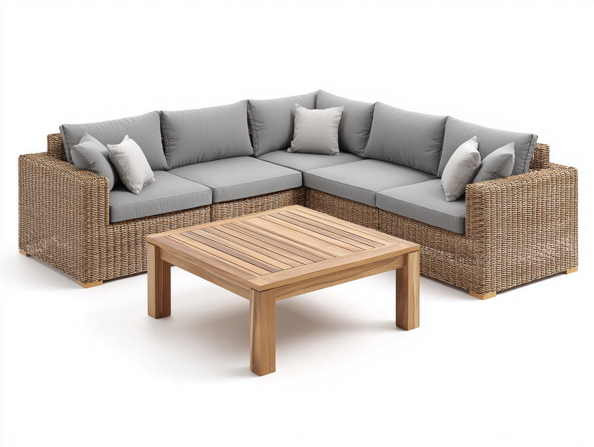 Divani da esterno - Rattan sintetico-Tessuto-Legno - 255 x 255 x 76 cm - Marrone chiaro-Grigio-Marrone naturale - Design angolare moderno
