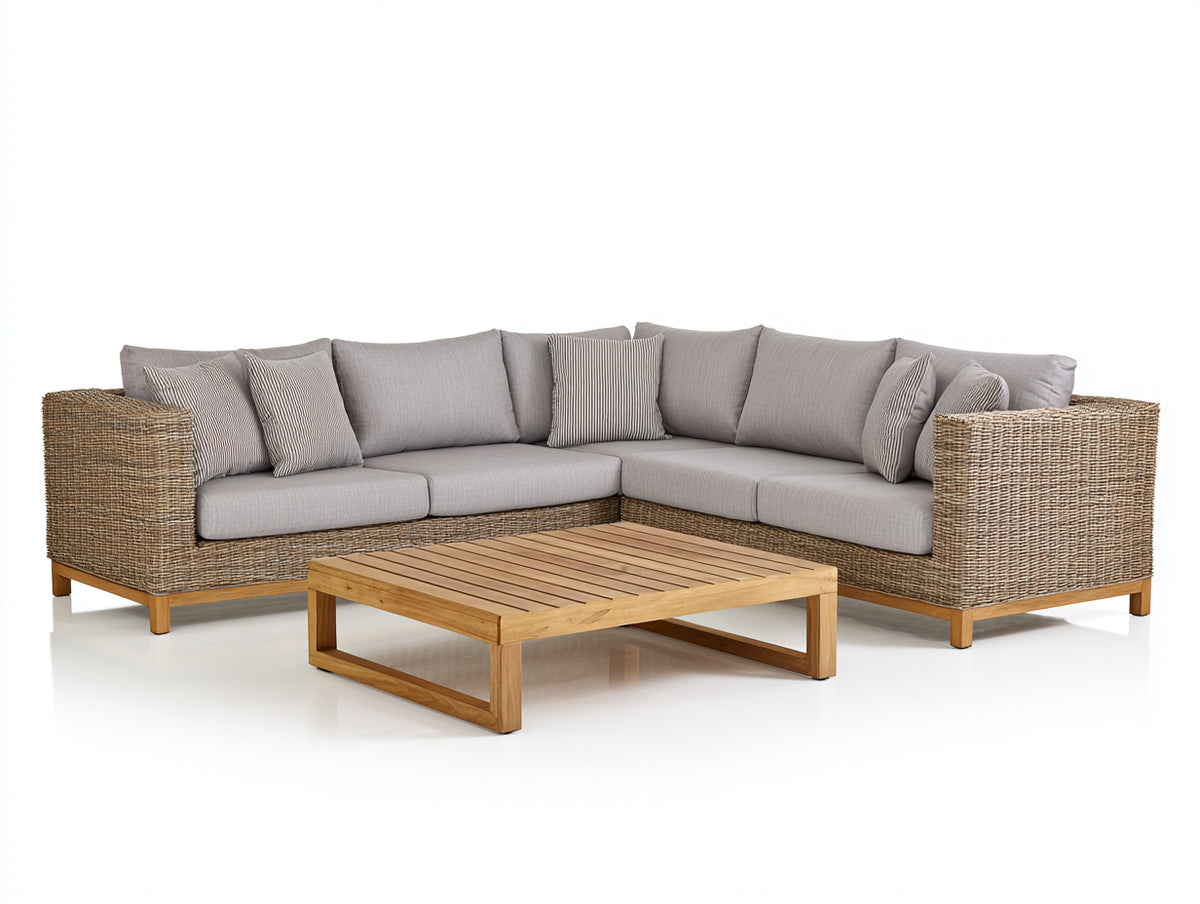 Divani da esterno - Rattan sintetico-Tessuto-Legno - 260 x 260 x 76 cm - Marrone chiaro-Grigio chiaro-Marrone naturale - Design angolare moderno