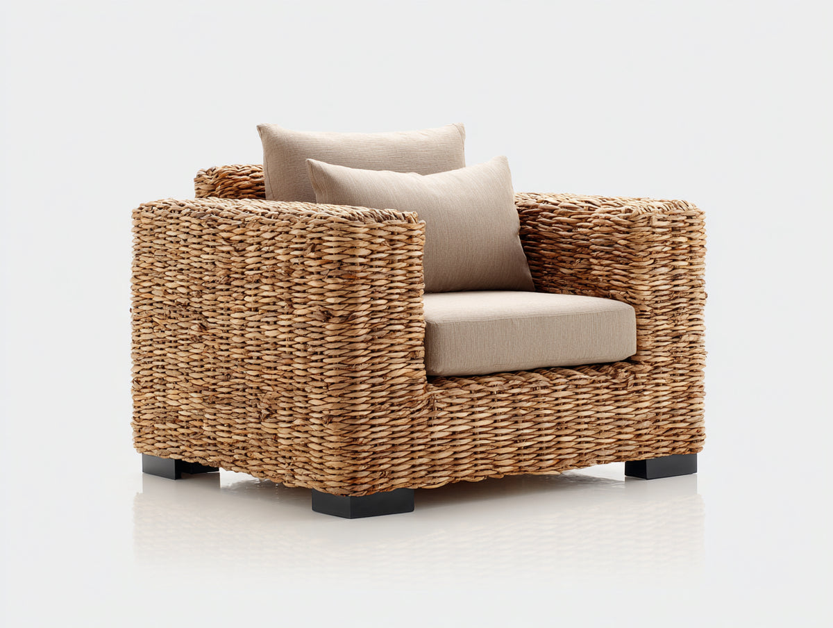 Poltrona da giardino - Rattan naturale-Tessuto - 88x82x76 cm - Naturale-Beige - Stile rustico contemporaneo