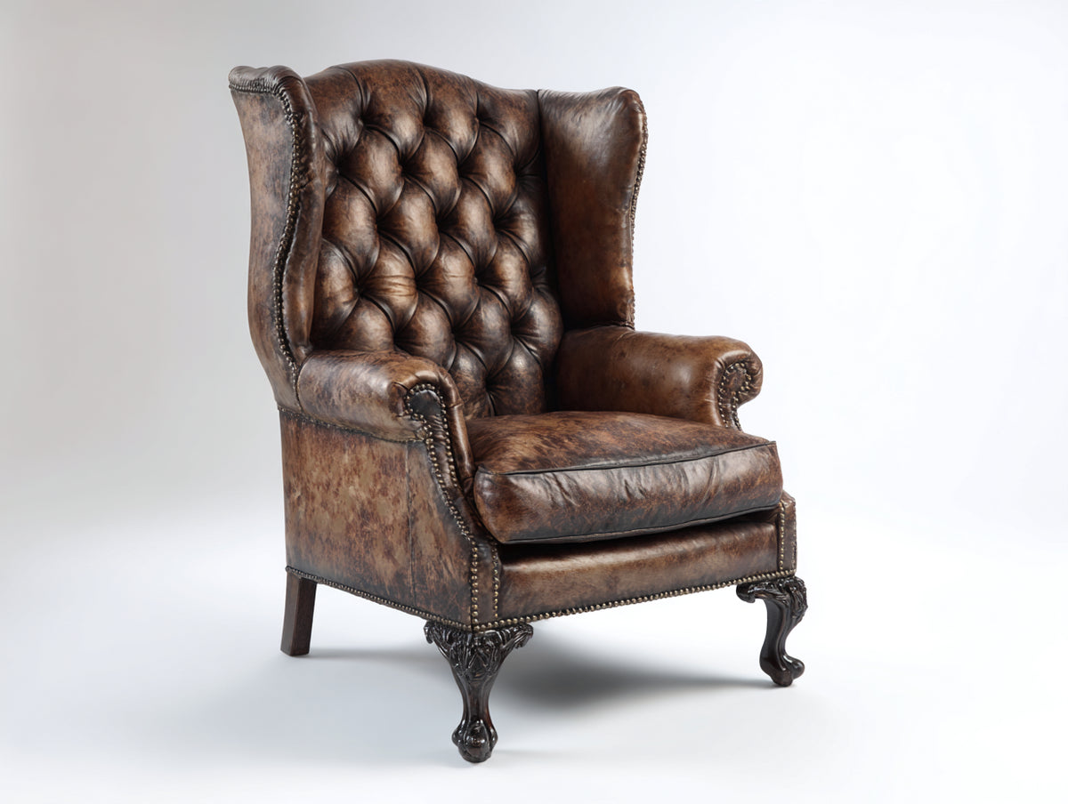 Poltrona a orecchioni - Pelle-Legno - 92 x 90 x 120 cm - Marrone anticato - Stile vittoriano