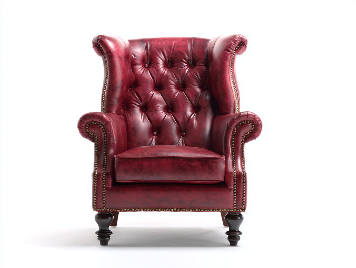 Poltrona a orecchioni - Pelle-Legno - 92 x 89 x 121 cm - Rosso granato-Marrone scuro - Stile vittoriano