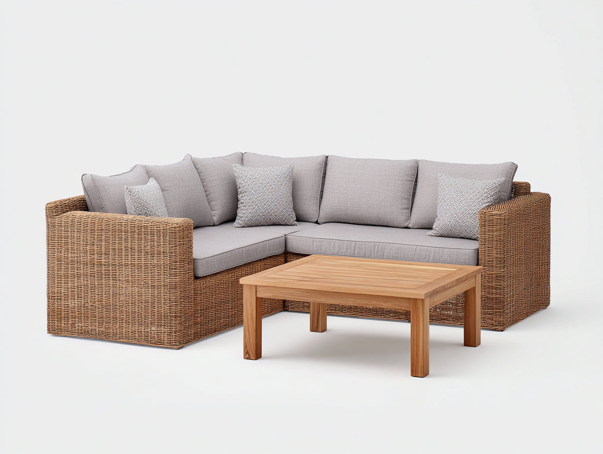 Divani da esterno - Rattan sintetico-Tessuto-Legno - 250 x 185 x 76 cm - Marrone caldo-Grigio chiaro-Marrone naturale - Design angolare moderno
